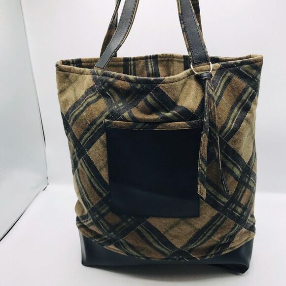 Brown Plaid Cotton w Faux Leather Accents and Pockets Basic Market Tote Bag - Picture 5 of 5